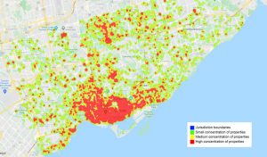 Short Term Rental heat map for City of Toronto Ontario